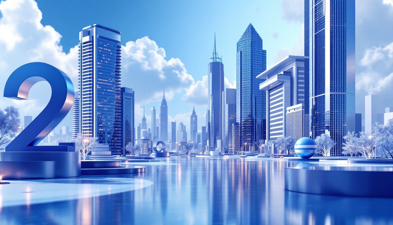 A 3D illustration of 2025 crypto presales with blue gradient background and urban skyline elements.