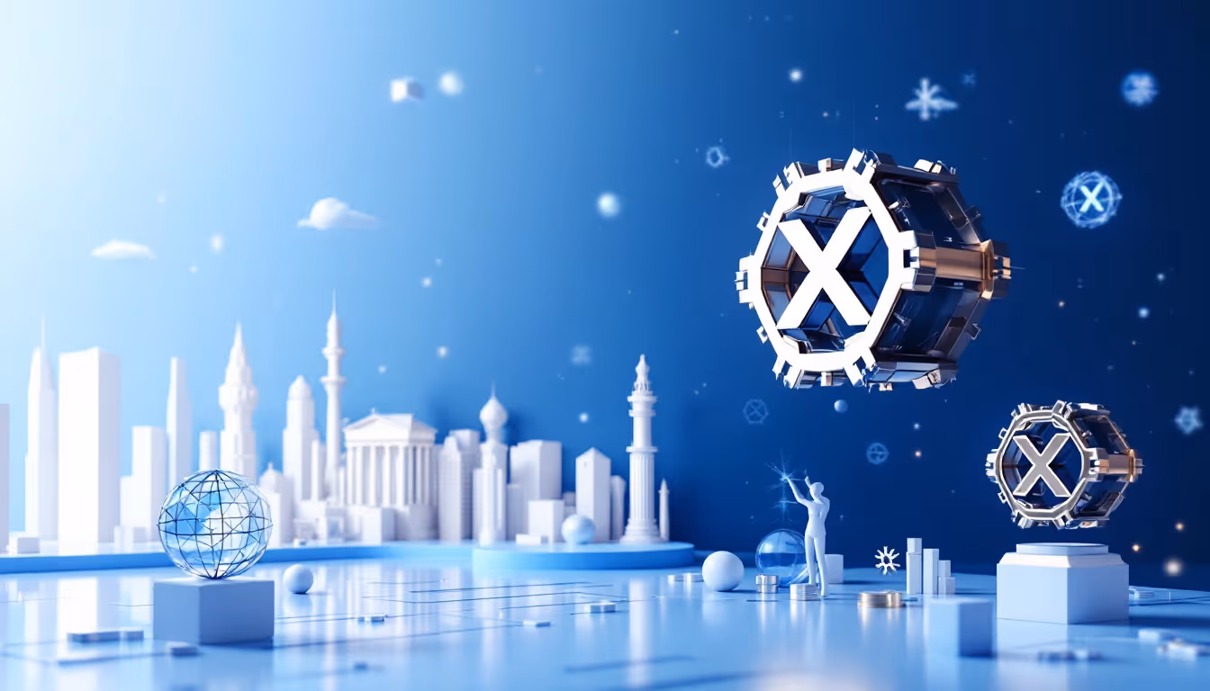 A 3D illustration of XRP enhancing cross-border payments with a blue-white gradient urban backdrop.
