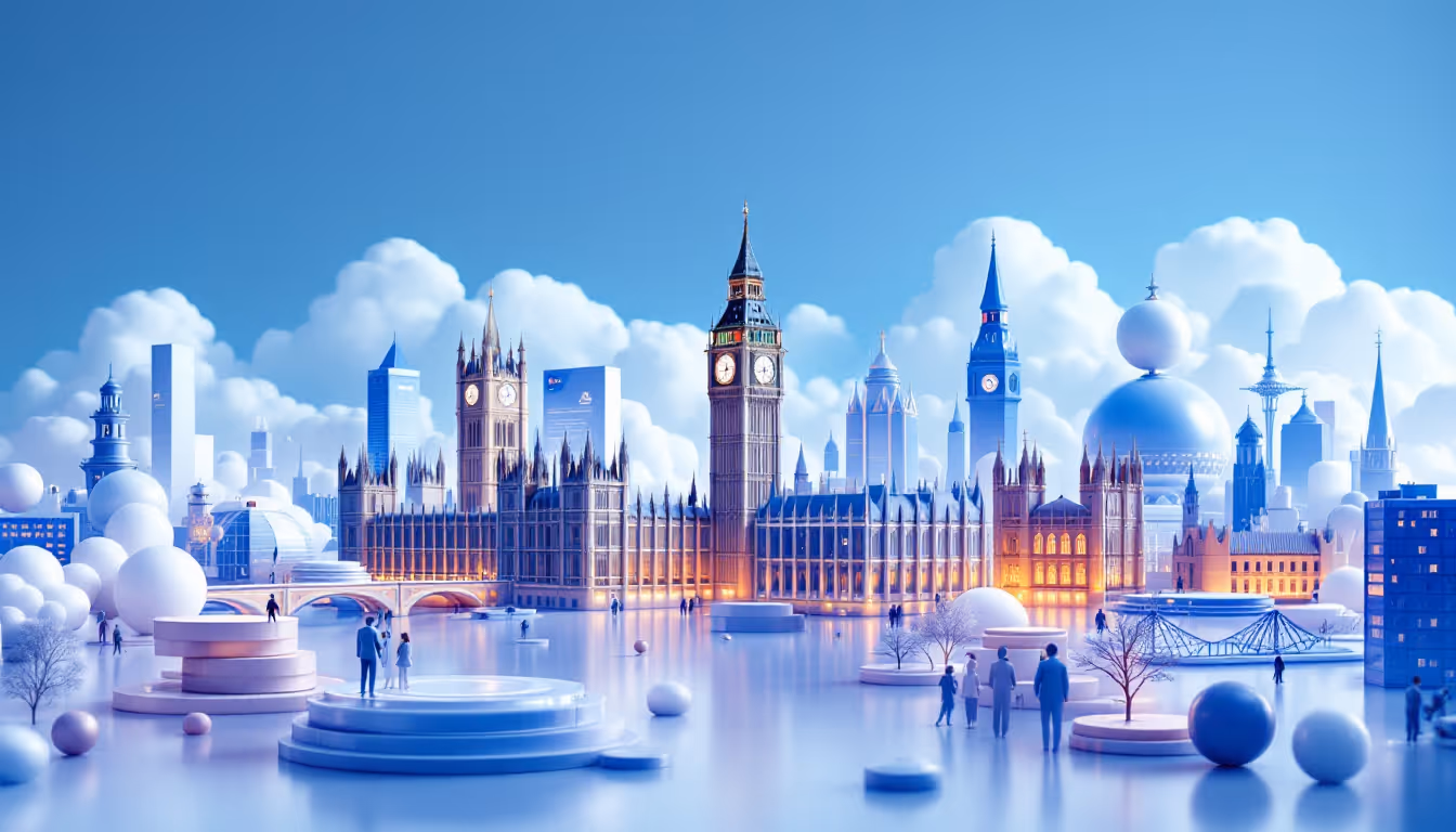 3D illustration of UK Parliament discussing Bank of England's stablecoin regulations, calm mood.