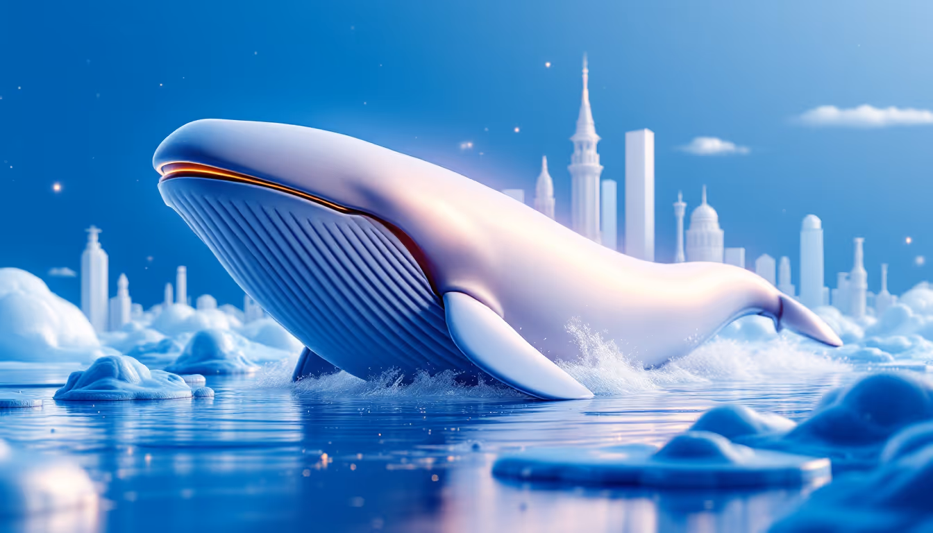 A 3D illustration depicting a Binance whale liquidation, showcasing a blue and white city skyline.