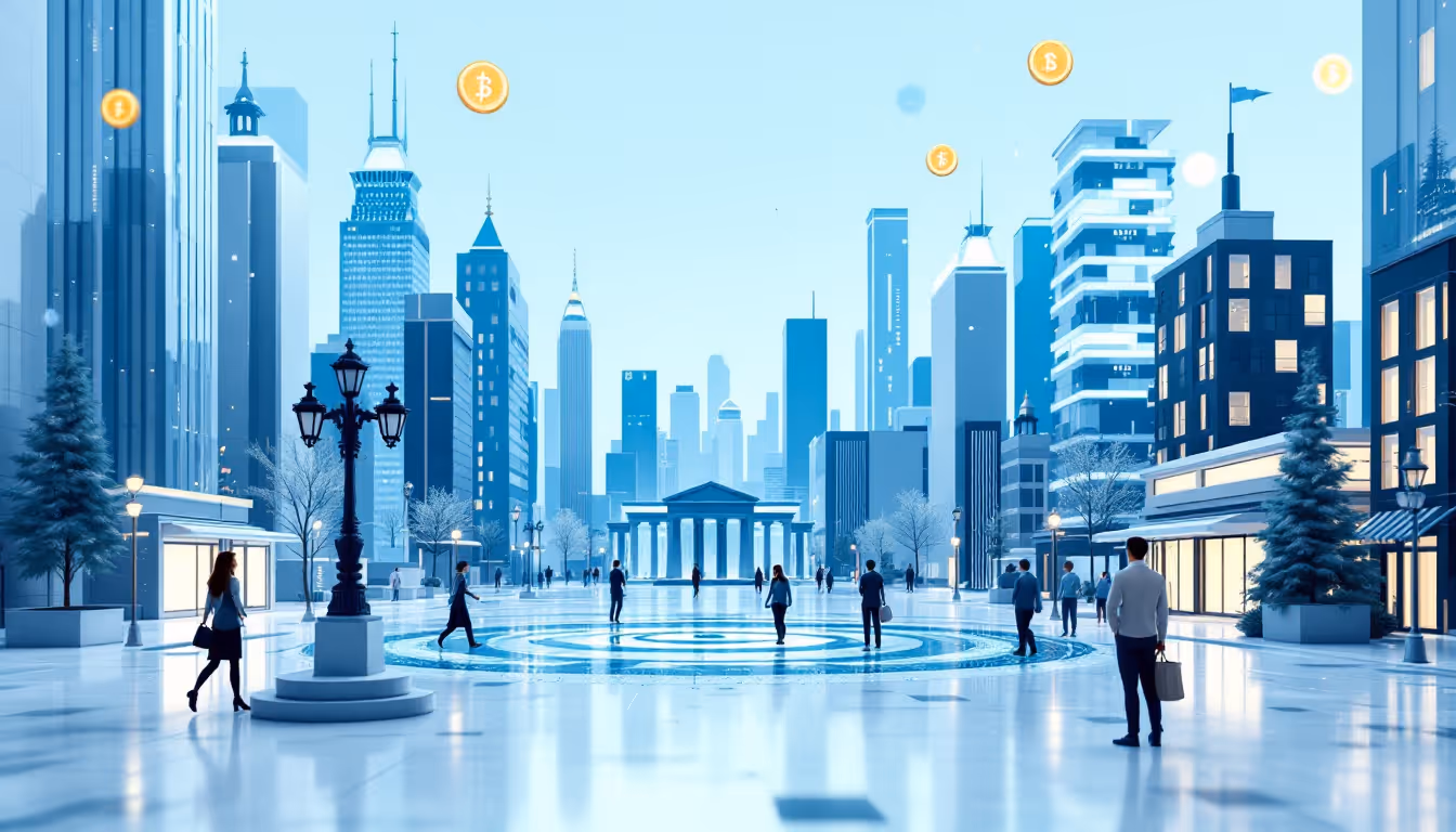 A 3D illustration depicting Canada's fiat-pegged stablecoin framework with an elegant skyline.