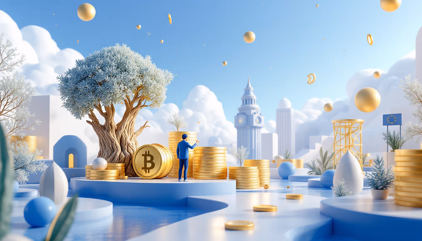 3D illustration of NuCoin concept featuring blue-to-white gradient with futuristic urban skyline.