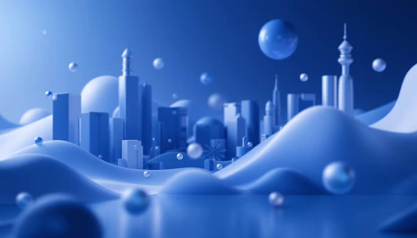 A 3D illustration of a futuristic urban crypto presale market scene with blue and white tones.