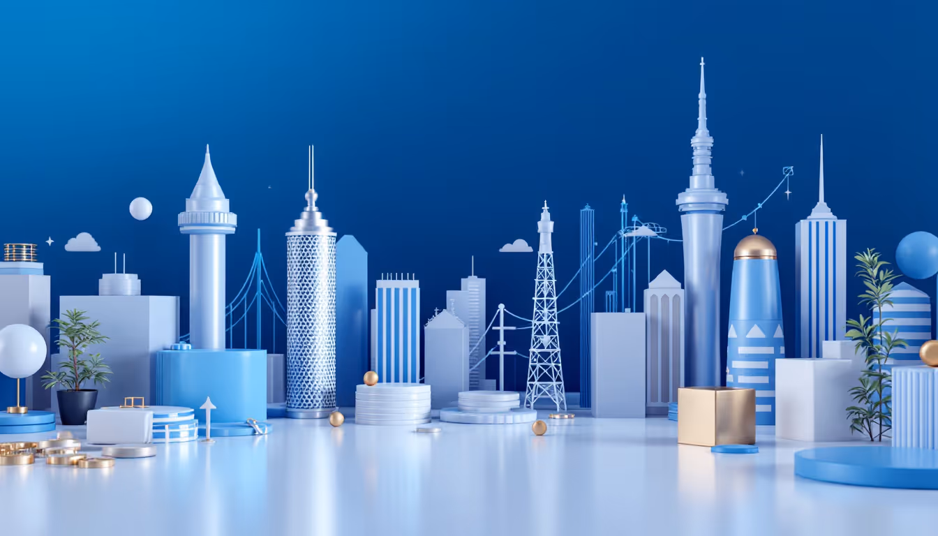 A calm 3D illustration of HTX's Year-End Promotion in a futuristic urban setting with blue gradient.