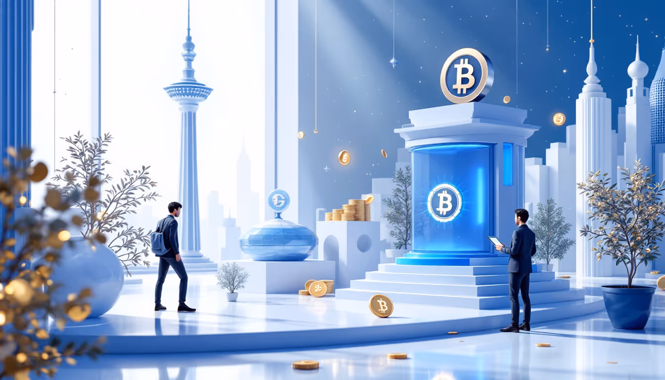 A calm, 3D scene depicting Taiwan's justice integrating cryptocurrency with a sleek urban backdrop.