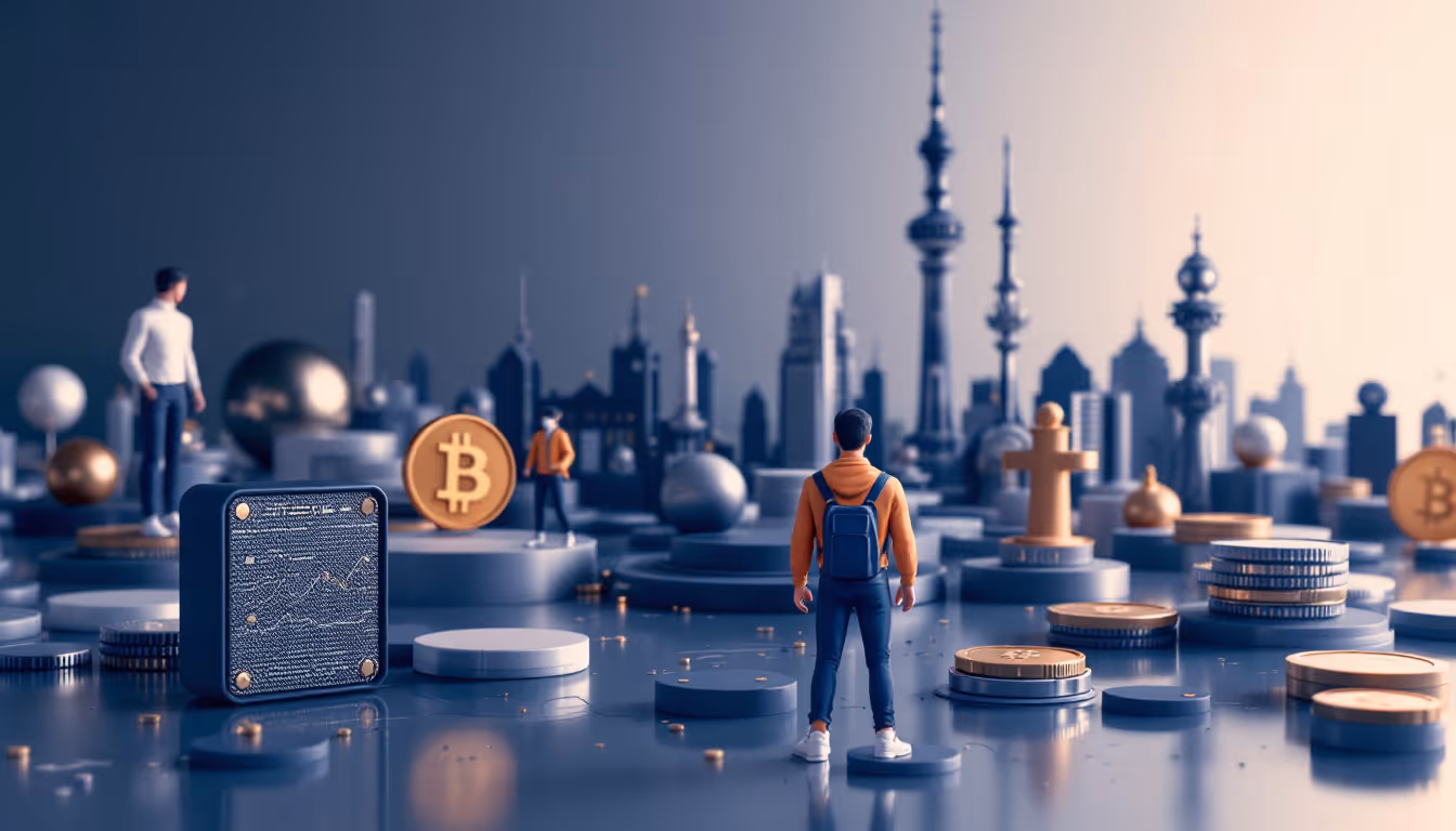 3D illustration depicting Bitcoin market volatility with blue-white gradient background and skyline.