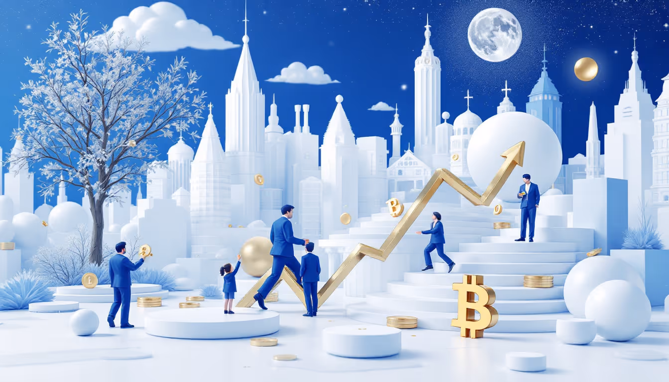 A serene 3D scene depicting evolving cryptocurrency regulations with a futuristic urban skyline.