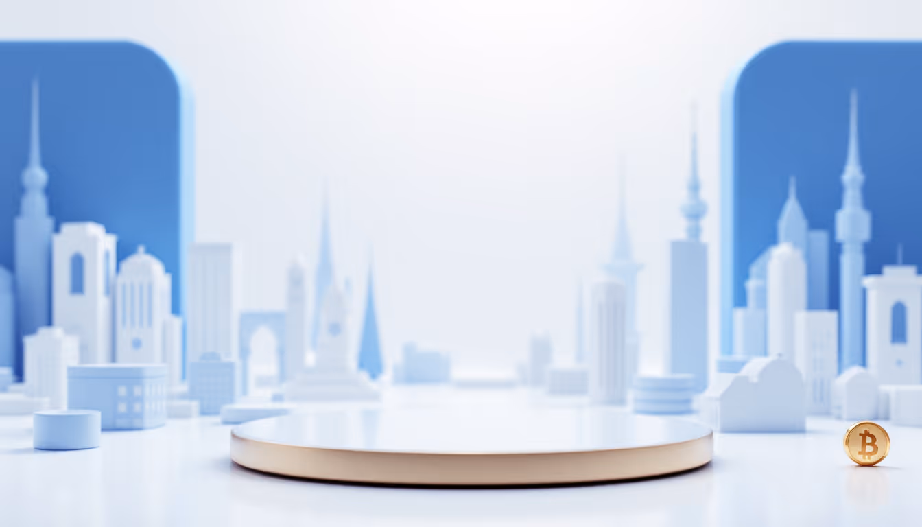 3D illustration of Peter Brandt discussing Bitcoin price movements in a futuristic urban setting.