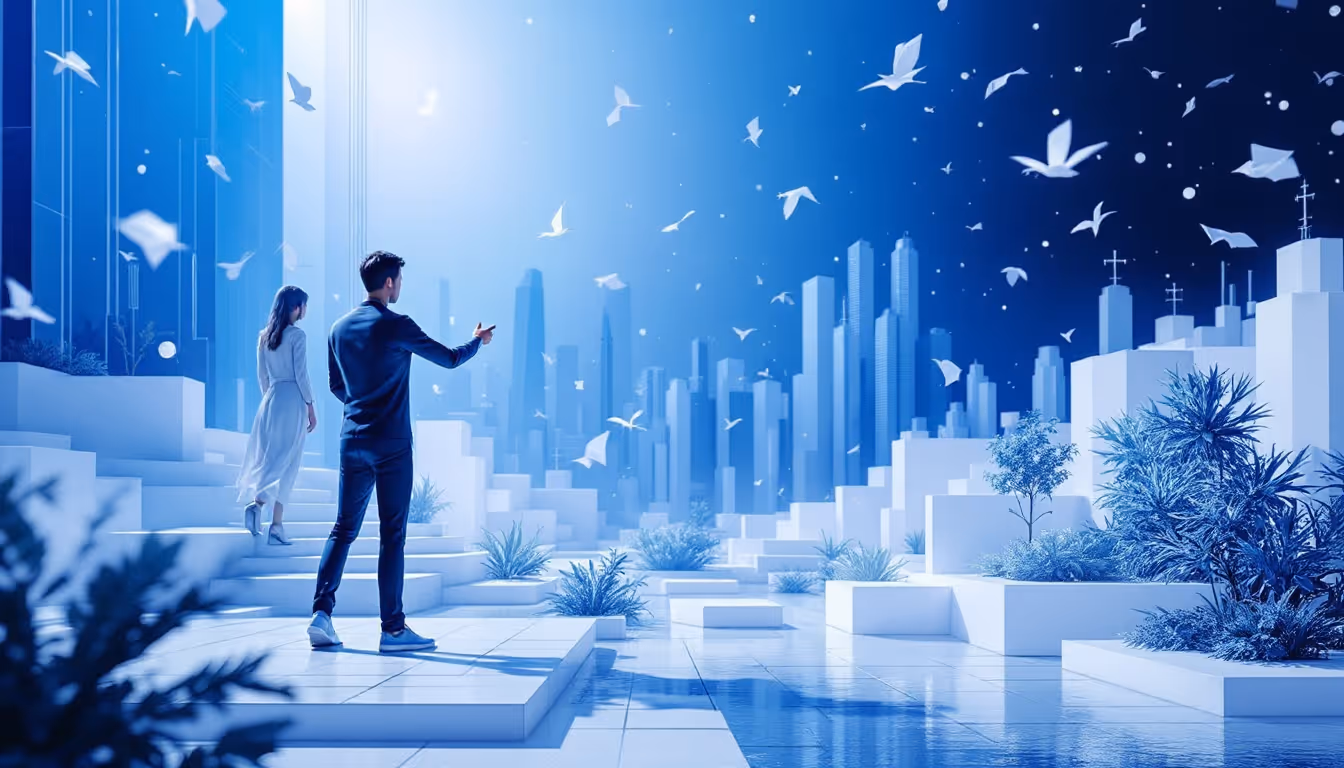 3D illustration depicting cybersecurity themes with symbolic objects in a futuristic urban setting.