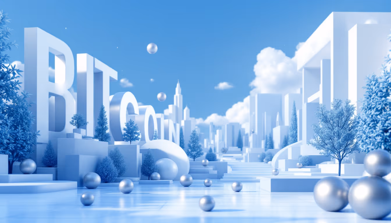 A 3D illustration depicting Trump's trade policies, Bitcoin's rise, set in a calming urban skyline.