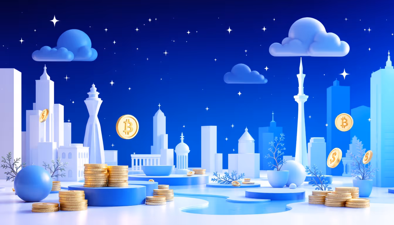 A 3D illustration featuring symbolic objects reflecting crypto tax reform in a futuristic cityscape.