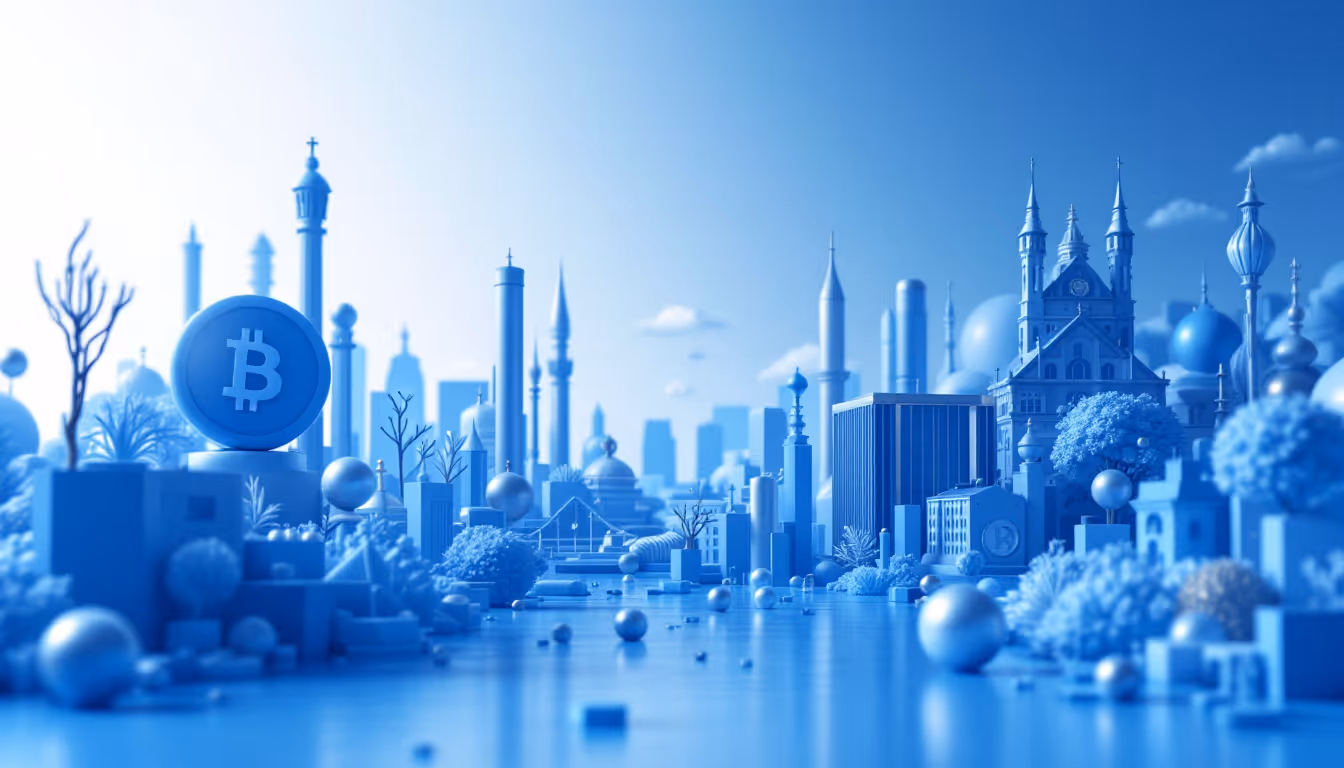 3D illustration depicting Bitcoin's volatility, investment strategies, and futuristic urban setting.