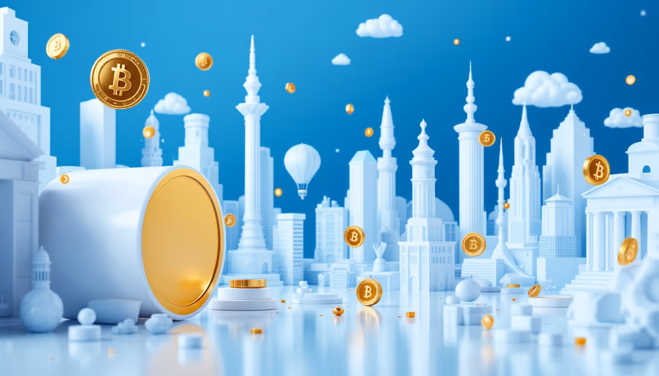 A 3D illustration depicting a crypto market scene with a calming blue and white gradient background.