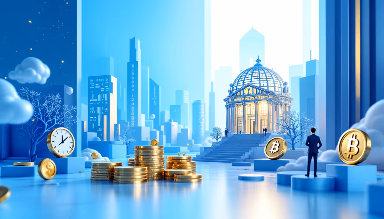 A 3D realistic illustration showing blue and white gradient with finance and cryptocurrency themes.