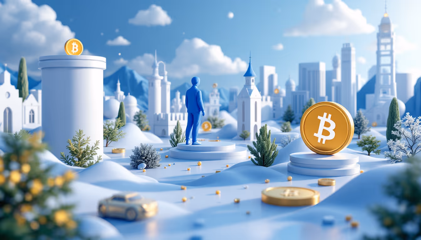 A 3D realistic illustration of BNB's downturn, featuring symbolic objects in a serene urban setting.