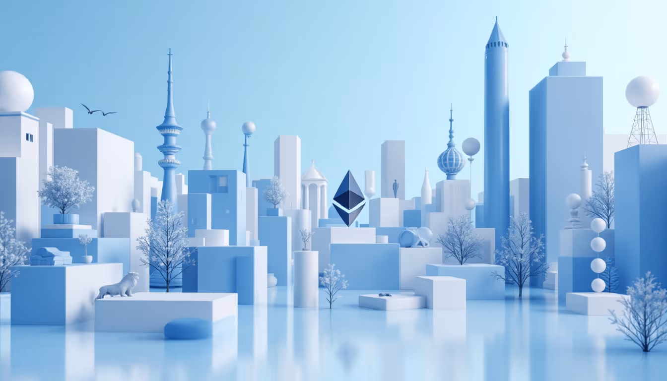 A 3D illustration depicting Ether under pressure with a blue to white gradient skyline.