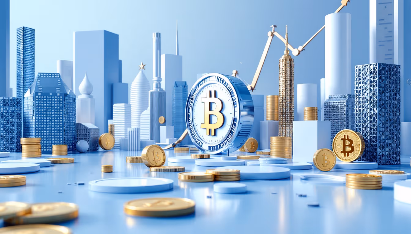 A 3D illustration depicting economic growth, Bitcoin, Ethereum, with a calm urban skyline backdrop.