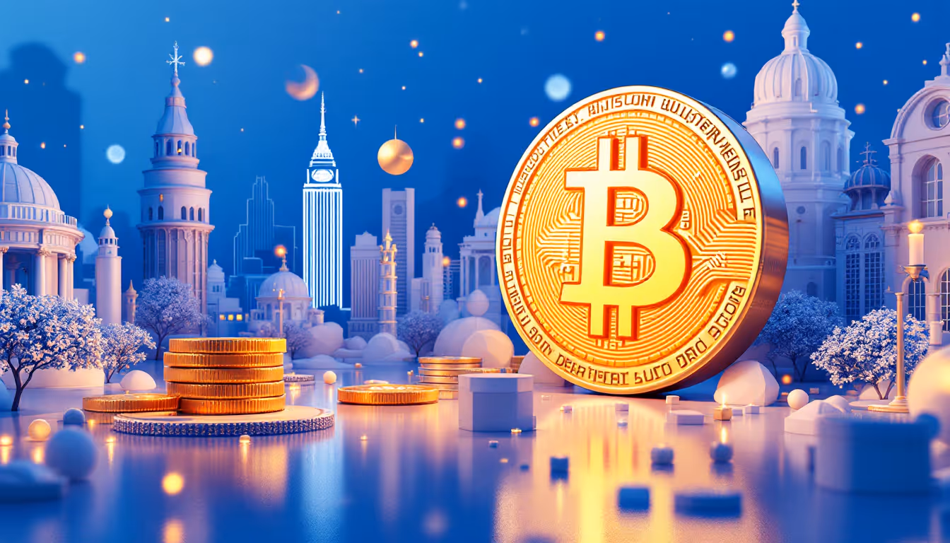 A 3D illustration featuring Bitcoin options expiry, with blue to white gradient and minimal skyline.