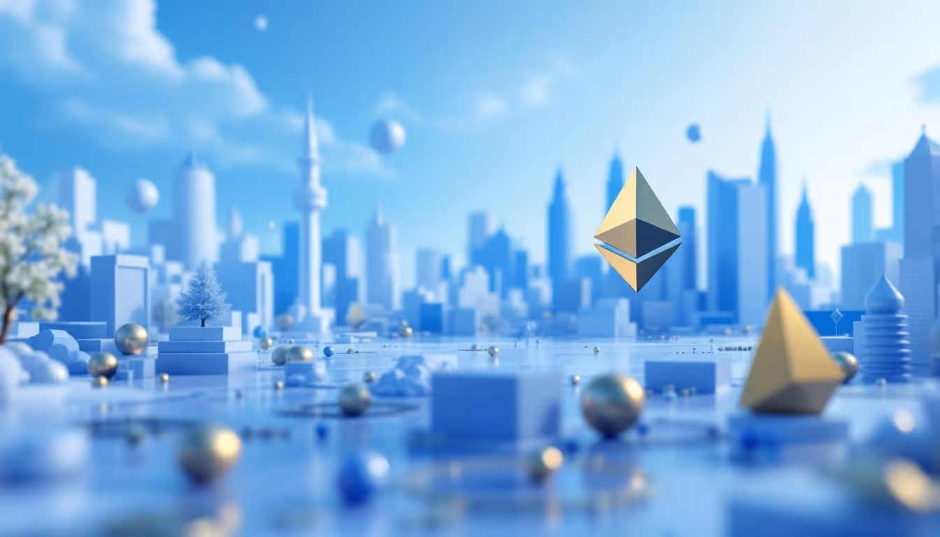 A 3D illustration depicting Solana and Ethereum's competition in the crypto market with cities.