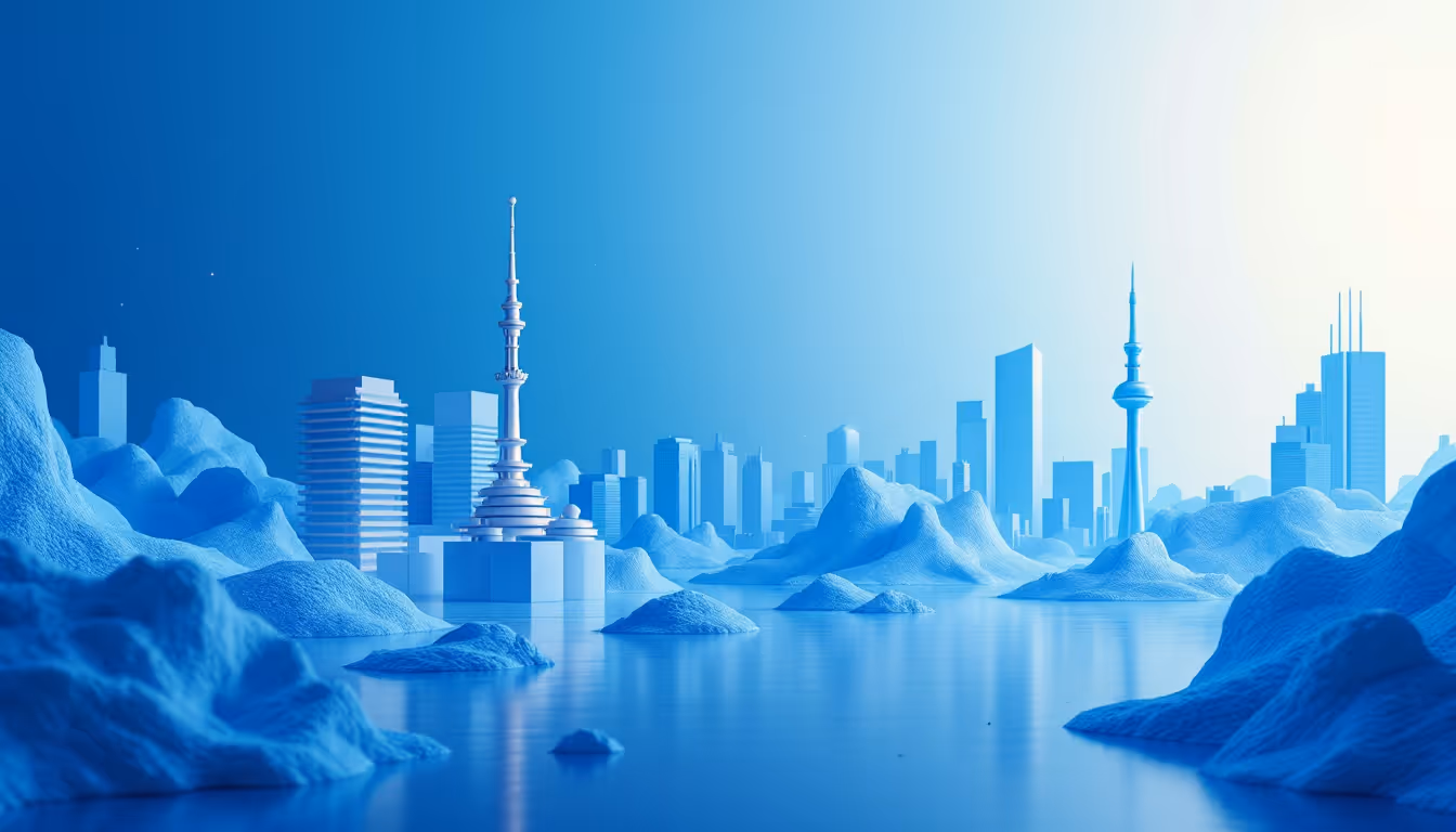 3D illustration depicting Japan's leadership in cross-border payments with futuristic city elements.