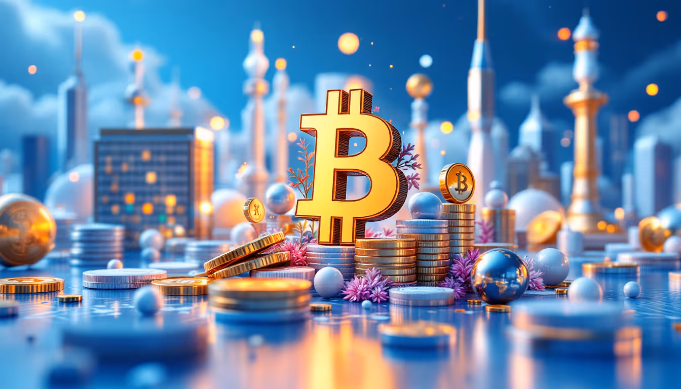 A 3D illustration showing U.S. M2 money supply impact on cryptocurrency with urban skyline elements.