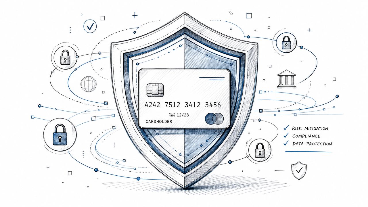 A digital credit card protected by a large shield, symbolizing secure virtual corporate card financial transactions.