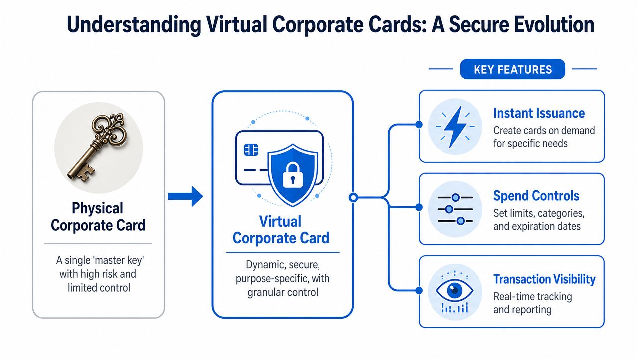 A diagram illustrating the shift from physical corporate cards to secure, feature-rich virtual corporate cards for businesses.