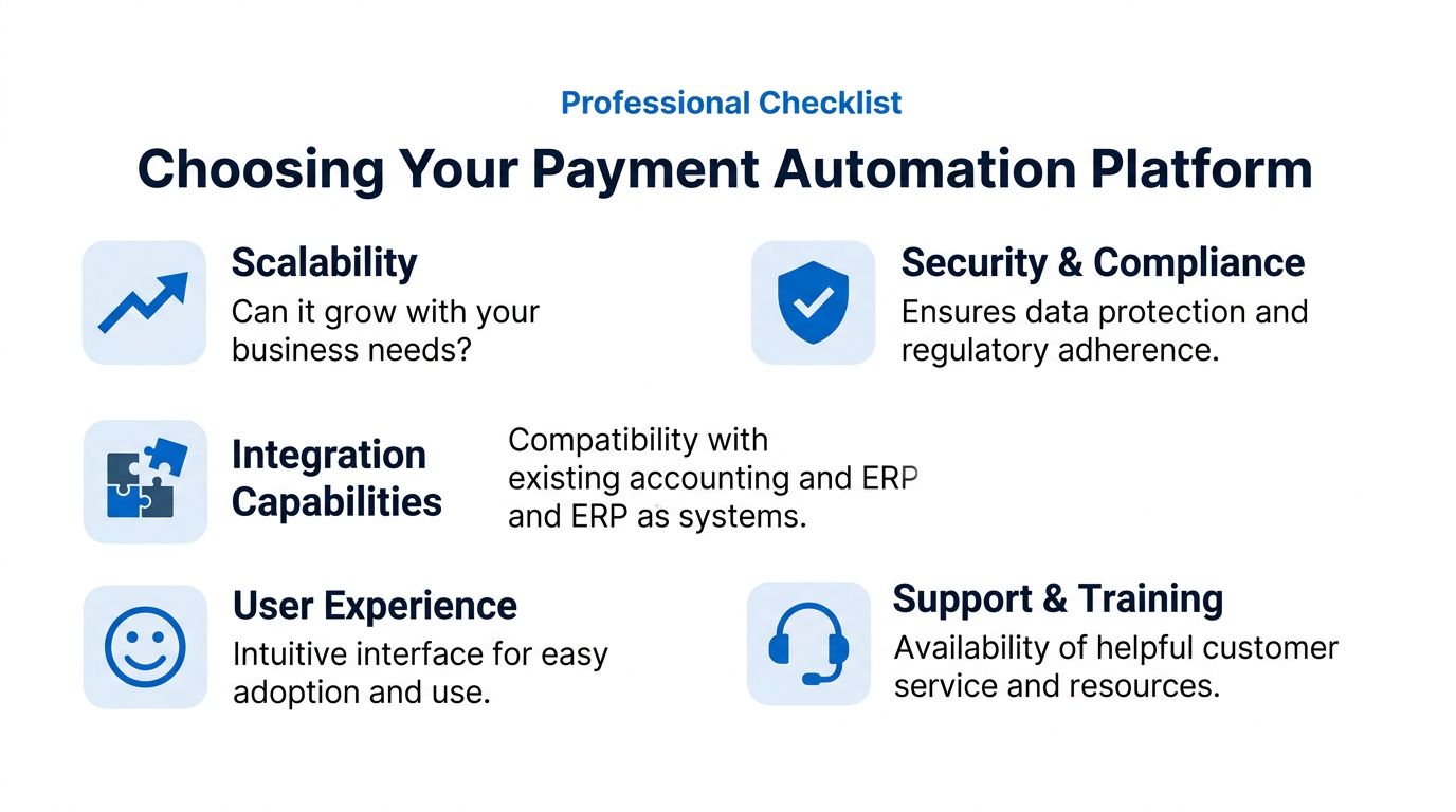 A professional checklist for selecting a payment automation platform, highlighting key features like security and scalability.