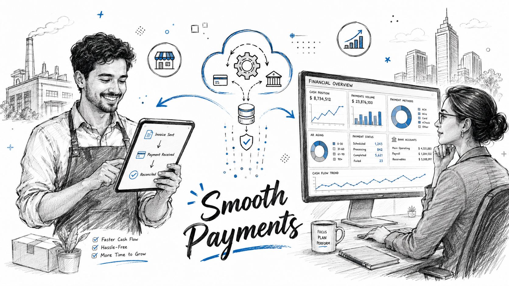 A digital illustration showing a business owner using a tablet for payments alongside an accountant reviewing financial dashboards.
