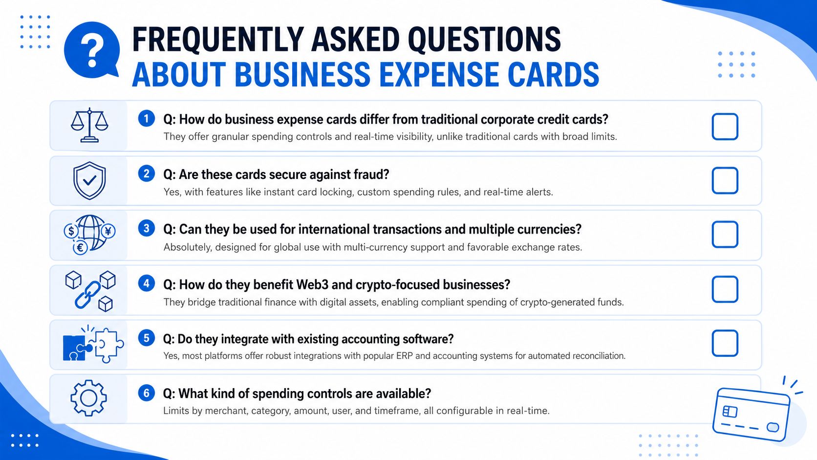A list of six frequently asked questions and answers about features of business expense cards.