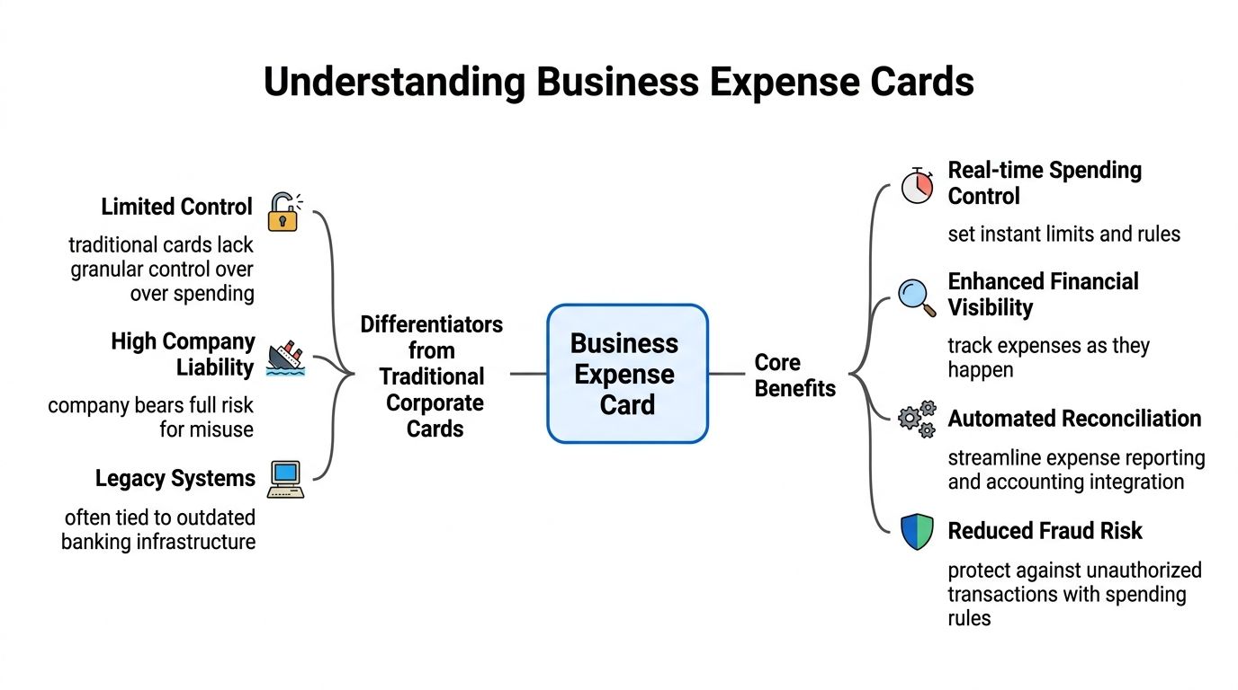 A diagram illustrating the differentiators and core benefits of using a modern business expense card system.