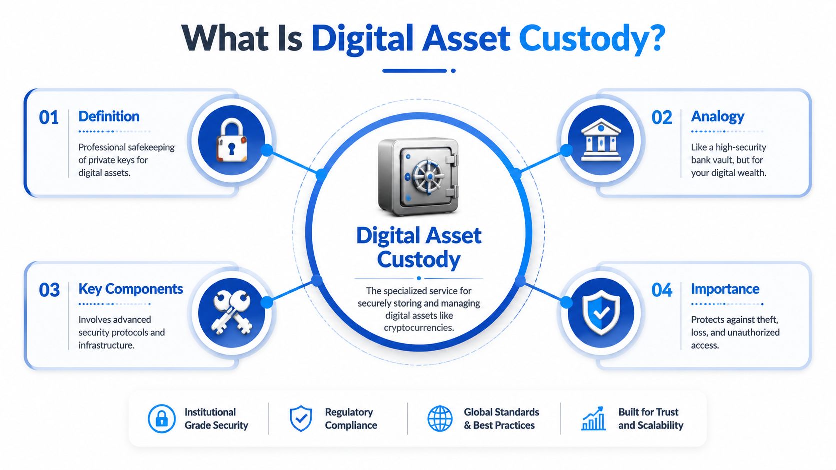 An infographic titled What Is Digital Asset Custody explaining its definition, analogy, key components, and overall importance.