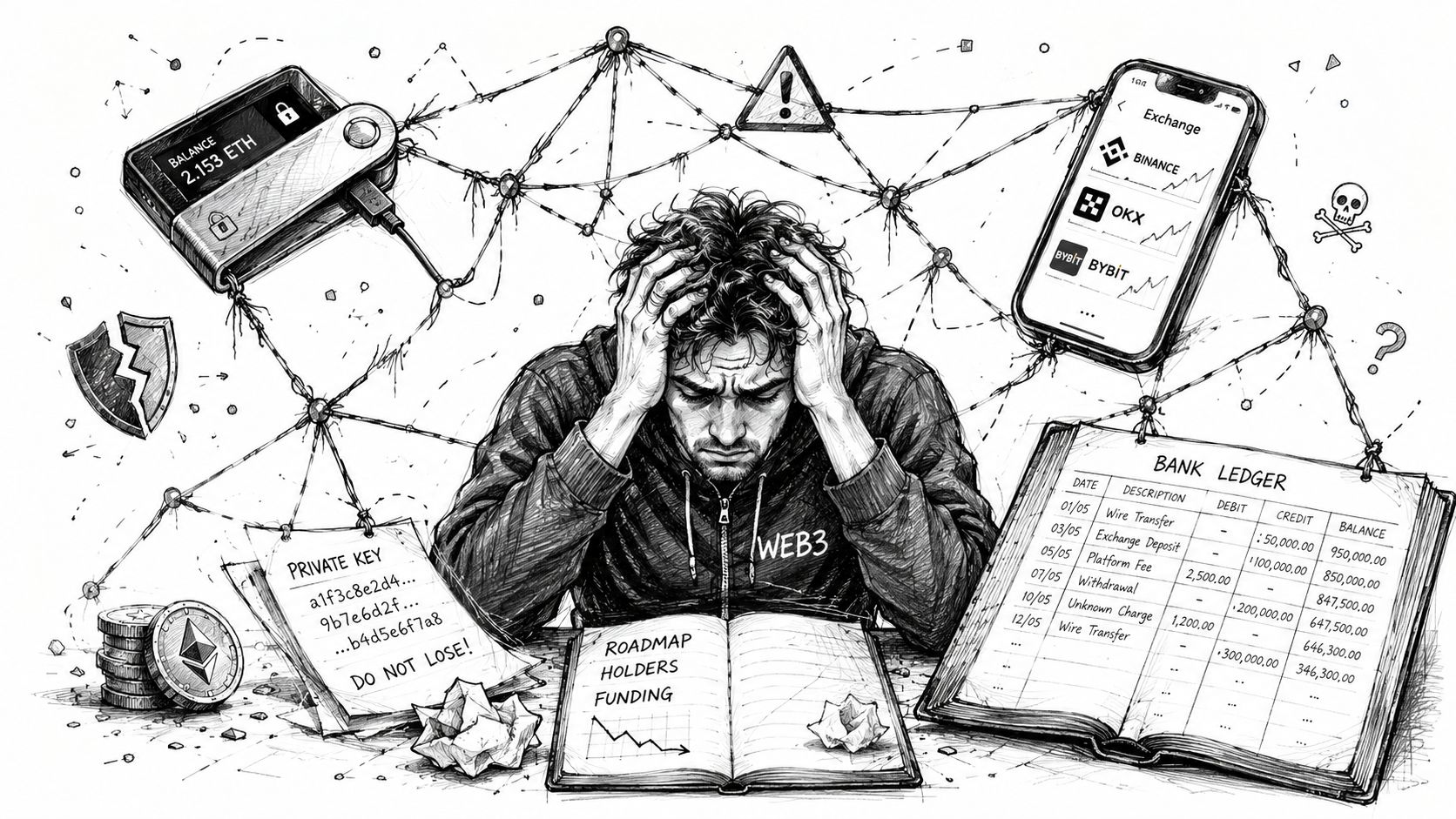 A distressed person sitting at a desk surrounded by digital assets, bank records, and web3 symbols.
