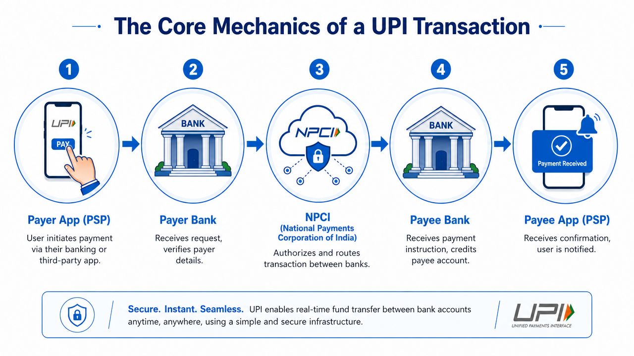 A five-step infographic explaining the core mechanics of a UPI transaction from payer to payee.