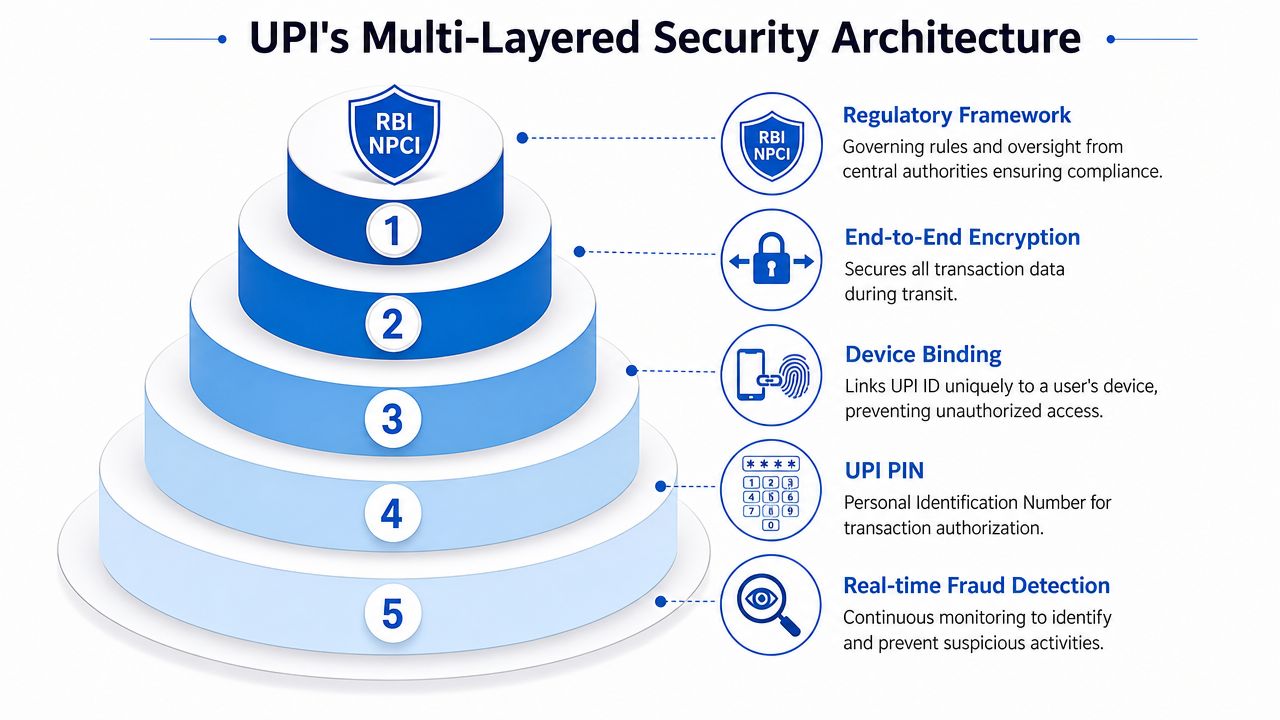 A diagram illustrating UPI's multi-layered security architecture, featuring five levels including regulatory framework, encryption, and fraud detection.