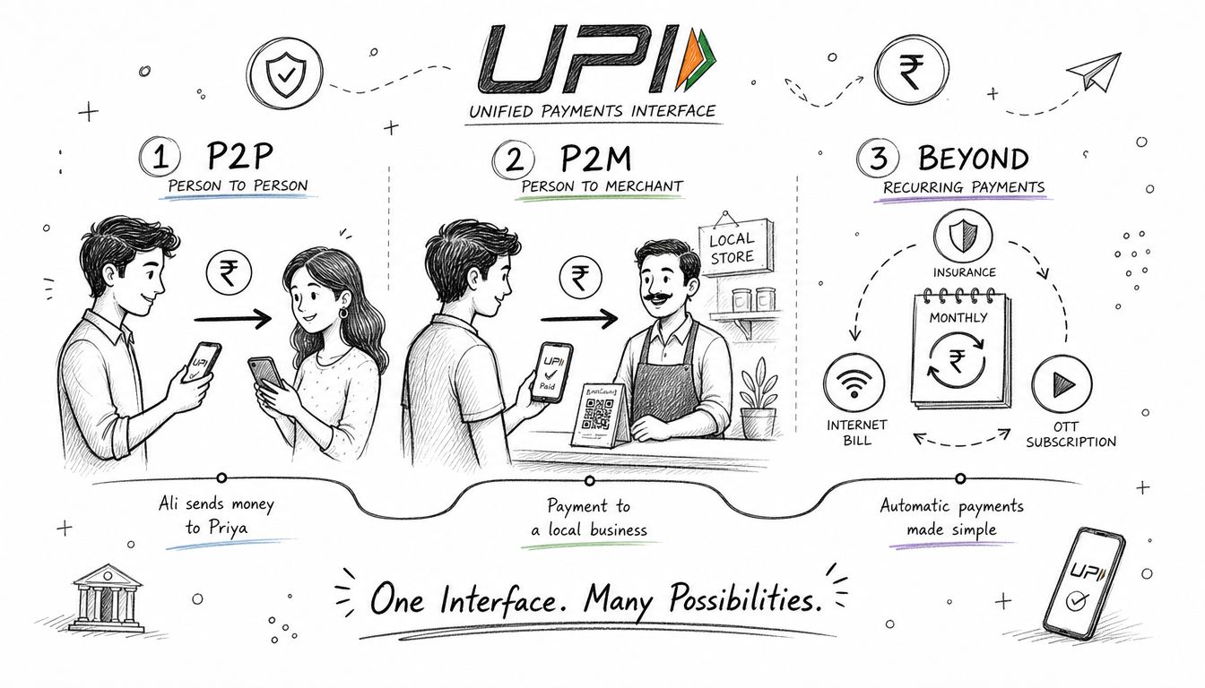 An infographic illustration explaining the UPI payment system with three sections showing P2P, P2M, and recurring payments.