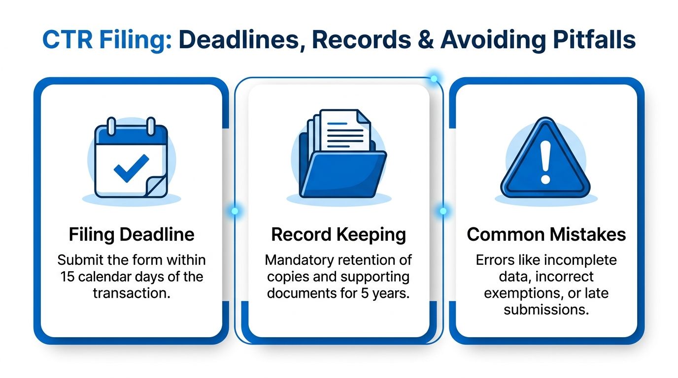 An infographic detailing CTR filing requirements including deadlines, document retention periods, and common reporting mistakes.