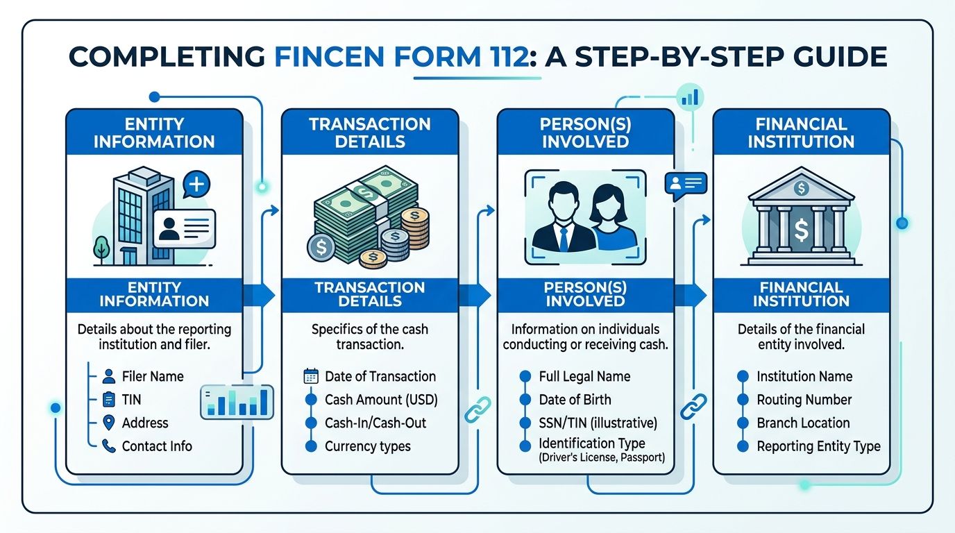 An infographic detailing the four key sections required for completing a FinCEN currency transaction report form.