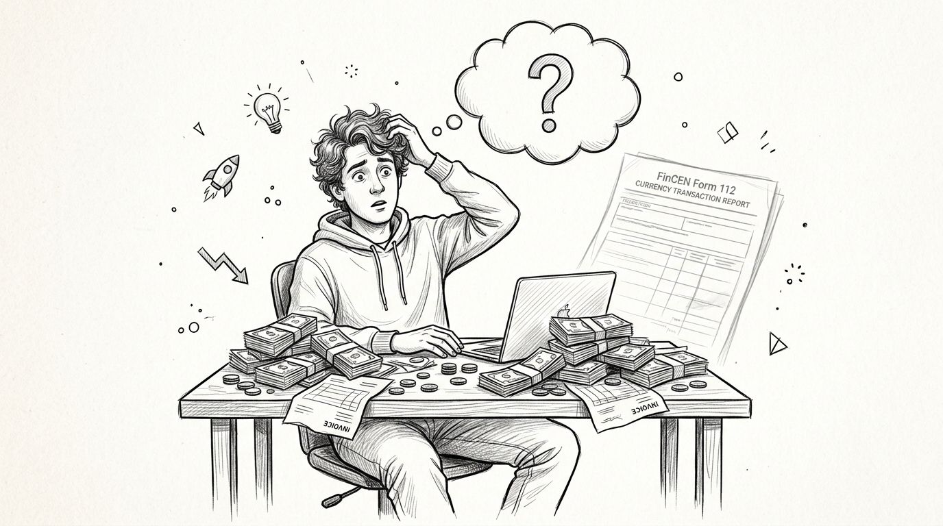 A sketched illustration of a confused man sitting at a desk surrounded by stacks of cash.