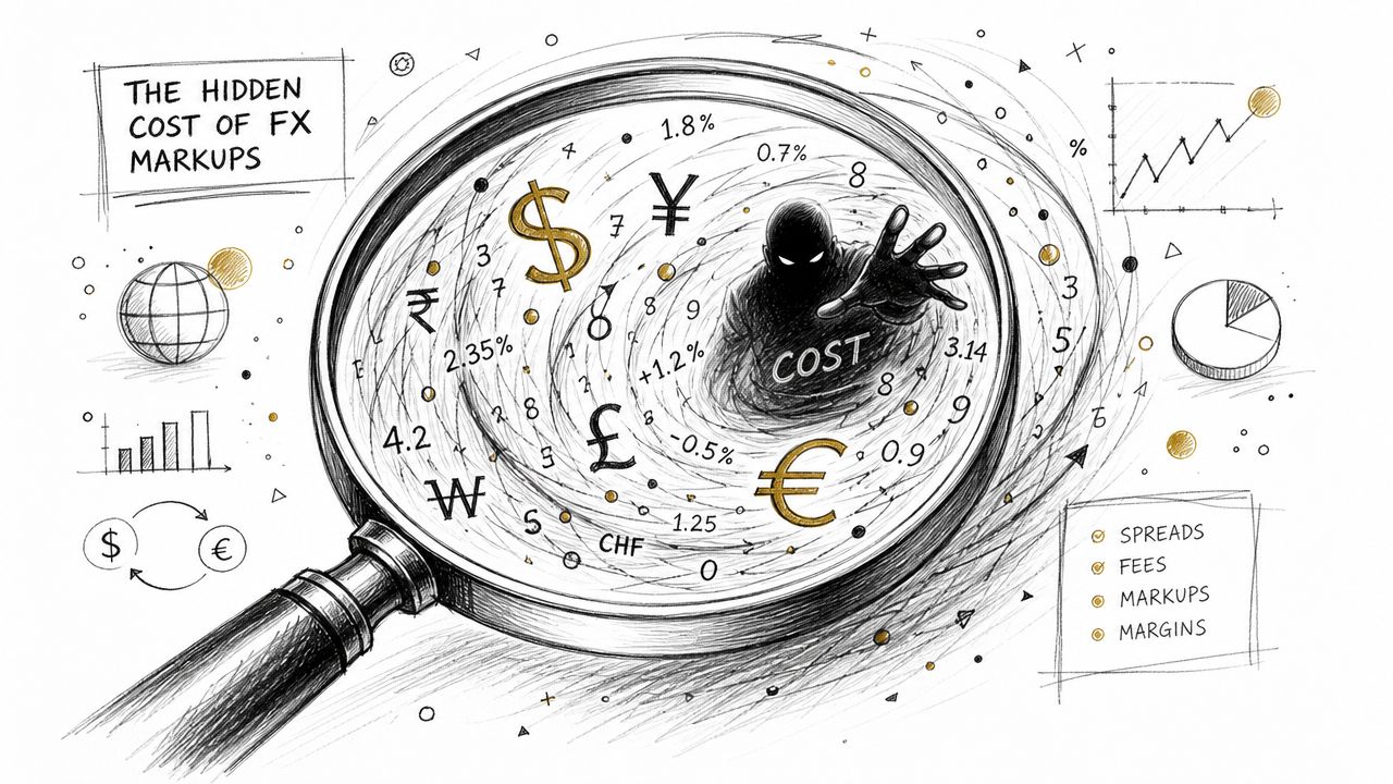 A magnifying glass revealing a dark figure hiding hidden costs, currency symbols, and percentages in financial data.