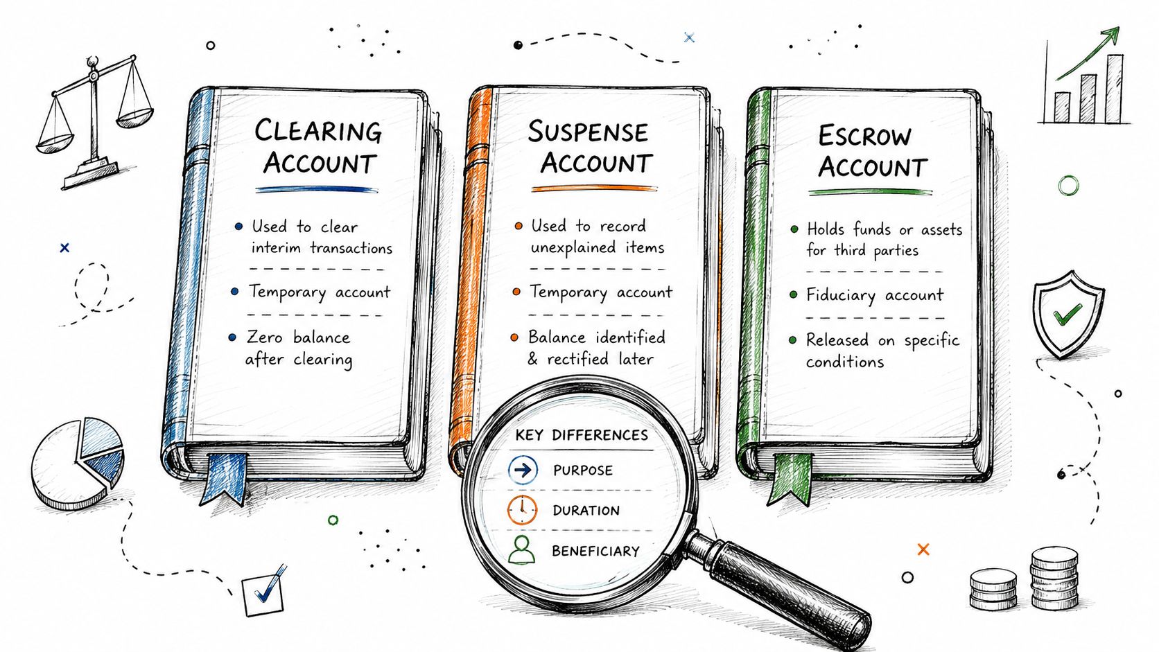 A diagram comparing clearing, suspense, and escrow accounts using book illustrations and a magnifying glass.