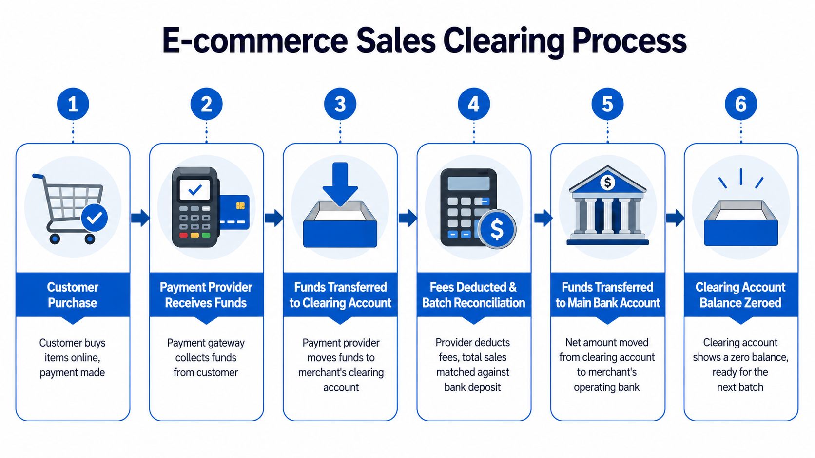 A six-step infographic explaining the e-commerce sales clearing process from customer purchase to final account reconciliation.