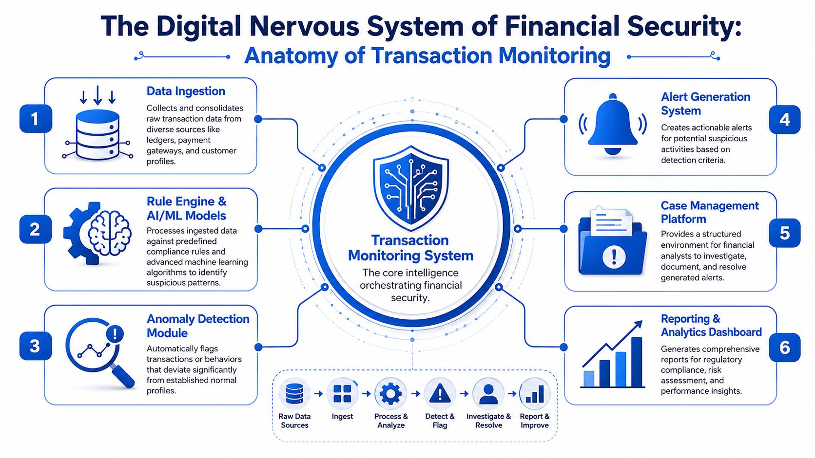 A diagram illustrating the six core components of a digital financial security transaction monitoring system.