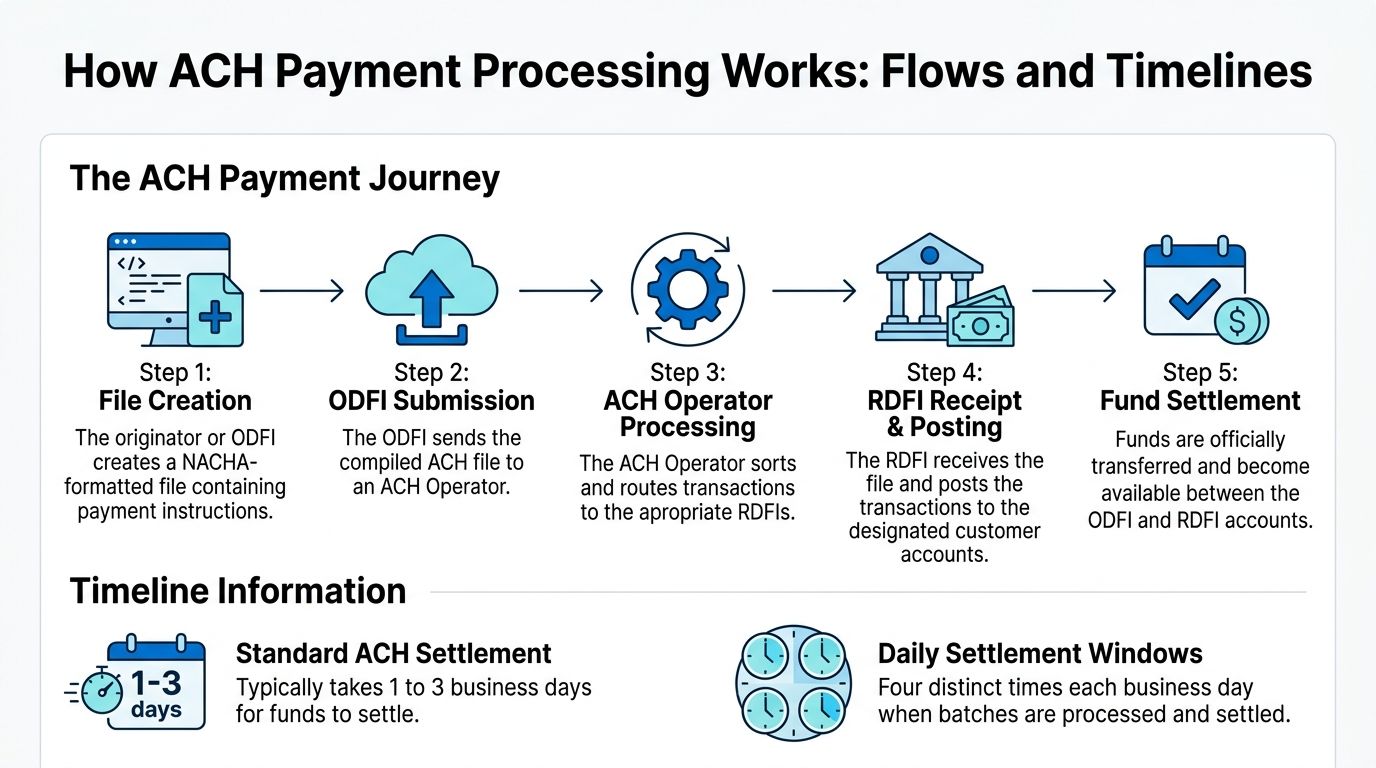 A diagram illustrating the five steps of ACH payment processing, from file creation to final fund settlement.