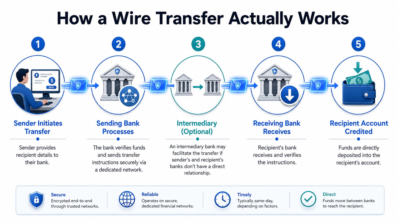 An infographic showing the step-by-step process of how a bank wire transfer works from sender to recipient.