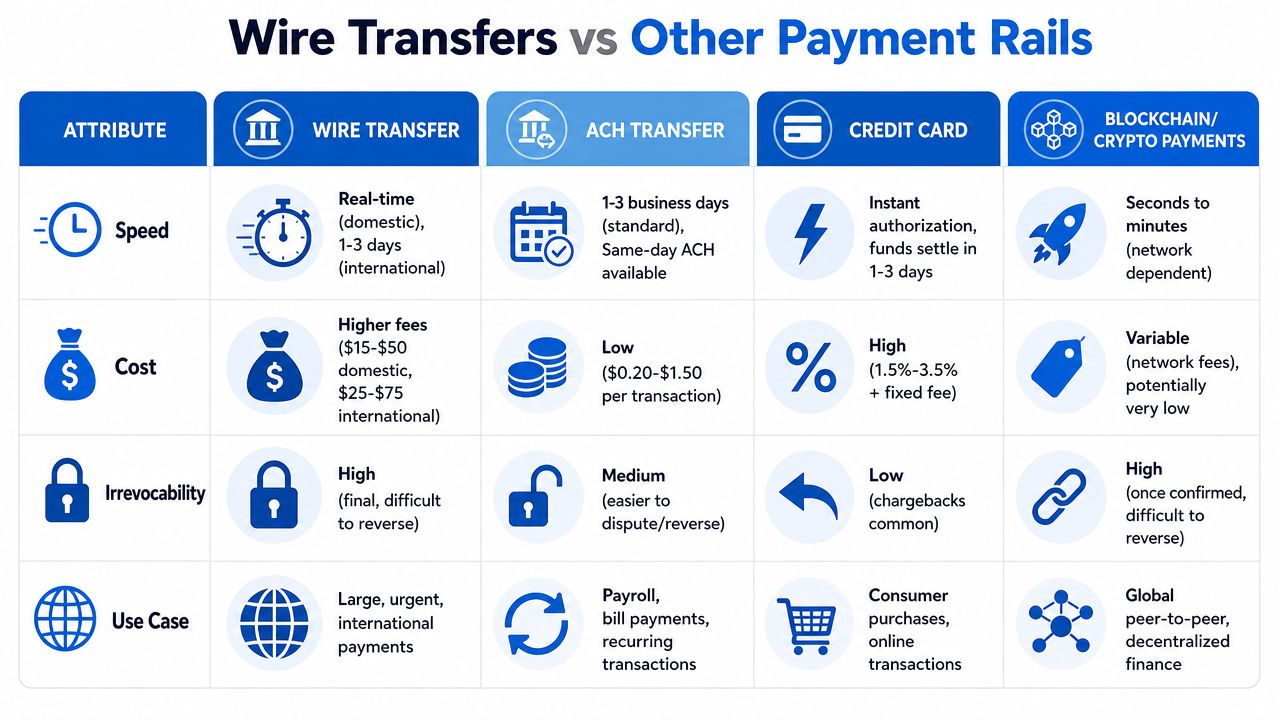 A comparative chart highlighting differences between wire transfers, ACH, credit cards, and blockchain payments regarding speed and cost.