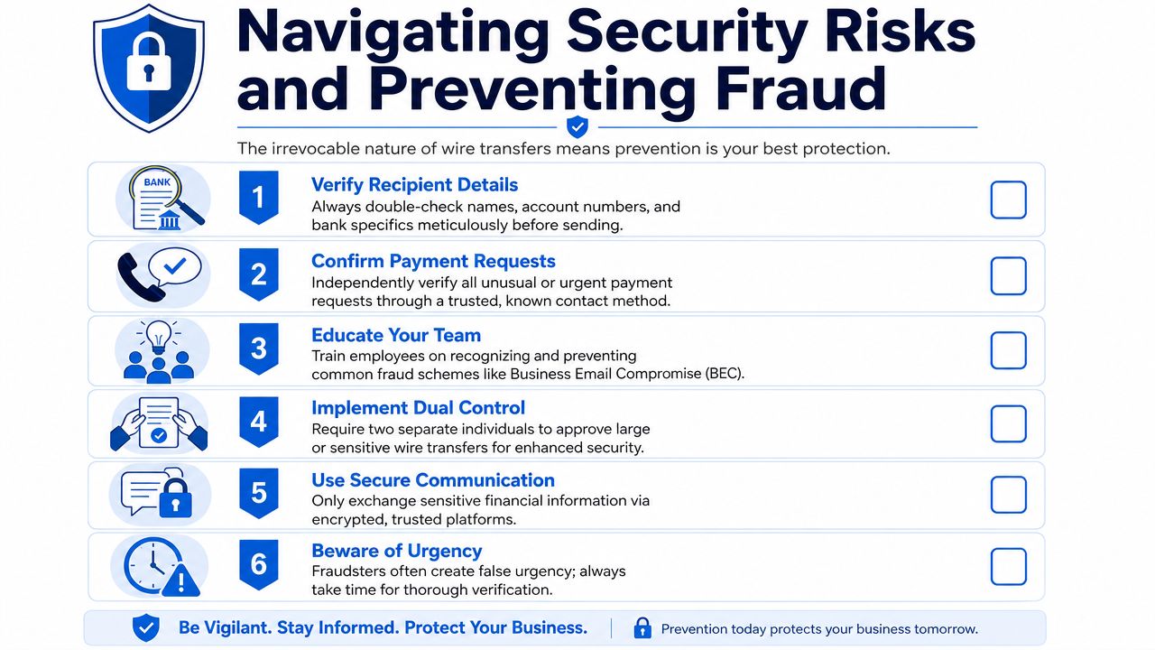 An infographic titled Navigating Security Risks and Preventing Fraud with six actionable tips for business safety.