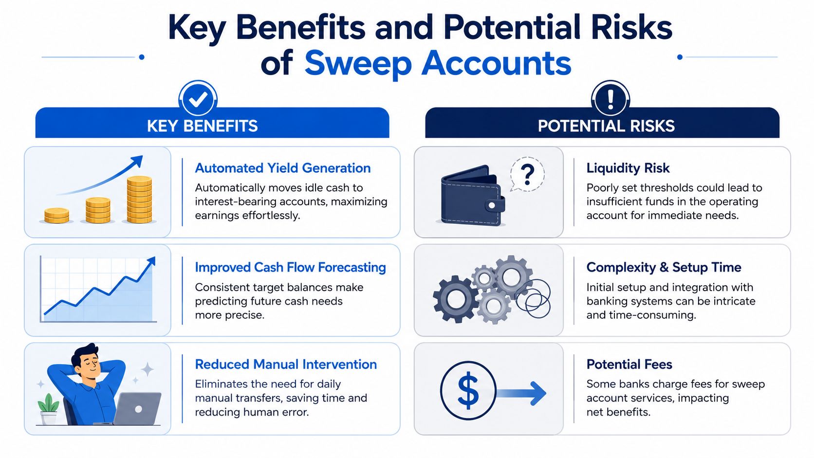 An infographic detailing the main advantages and potential disadvantages of utilizing financial sweep accounts for business management.