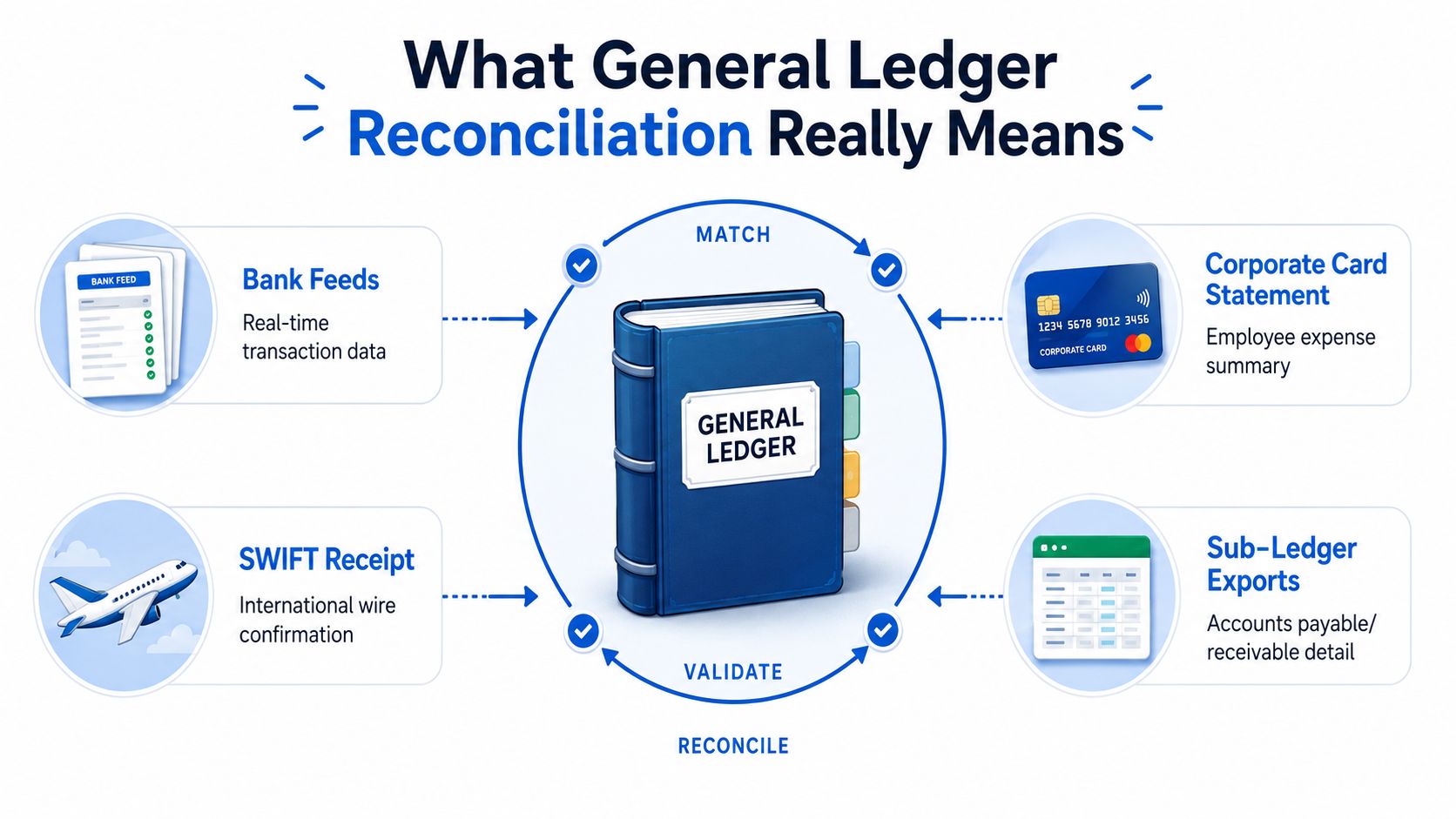 A diagram illustrating the general ledger reconciliation process with bank feeds, corporate cards, SWIFT receipts, and sub-ledger exports.