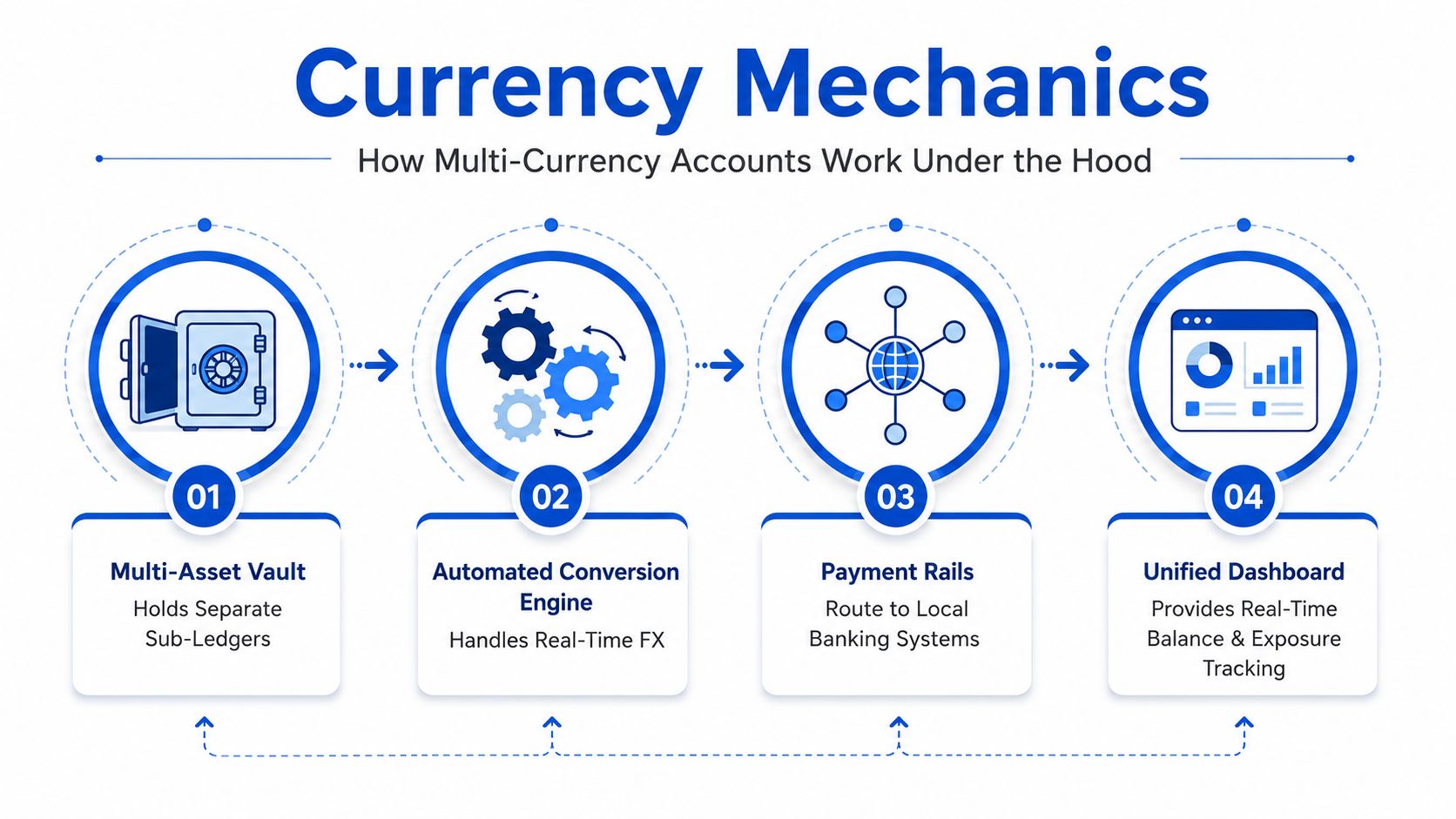 An infographic diagram showing the four steps of how multi-currency business accounts work under the hood.